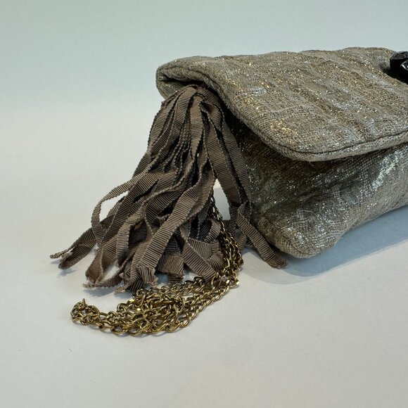 Lanvin Gold Crystal-Embellished Wide-Gauge Metallic Jacquard Tassel Clutch - Picture 6 of 10